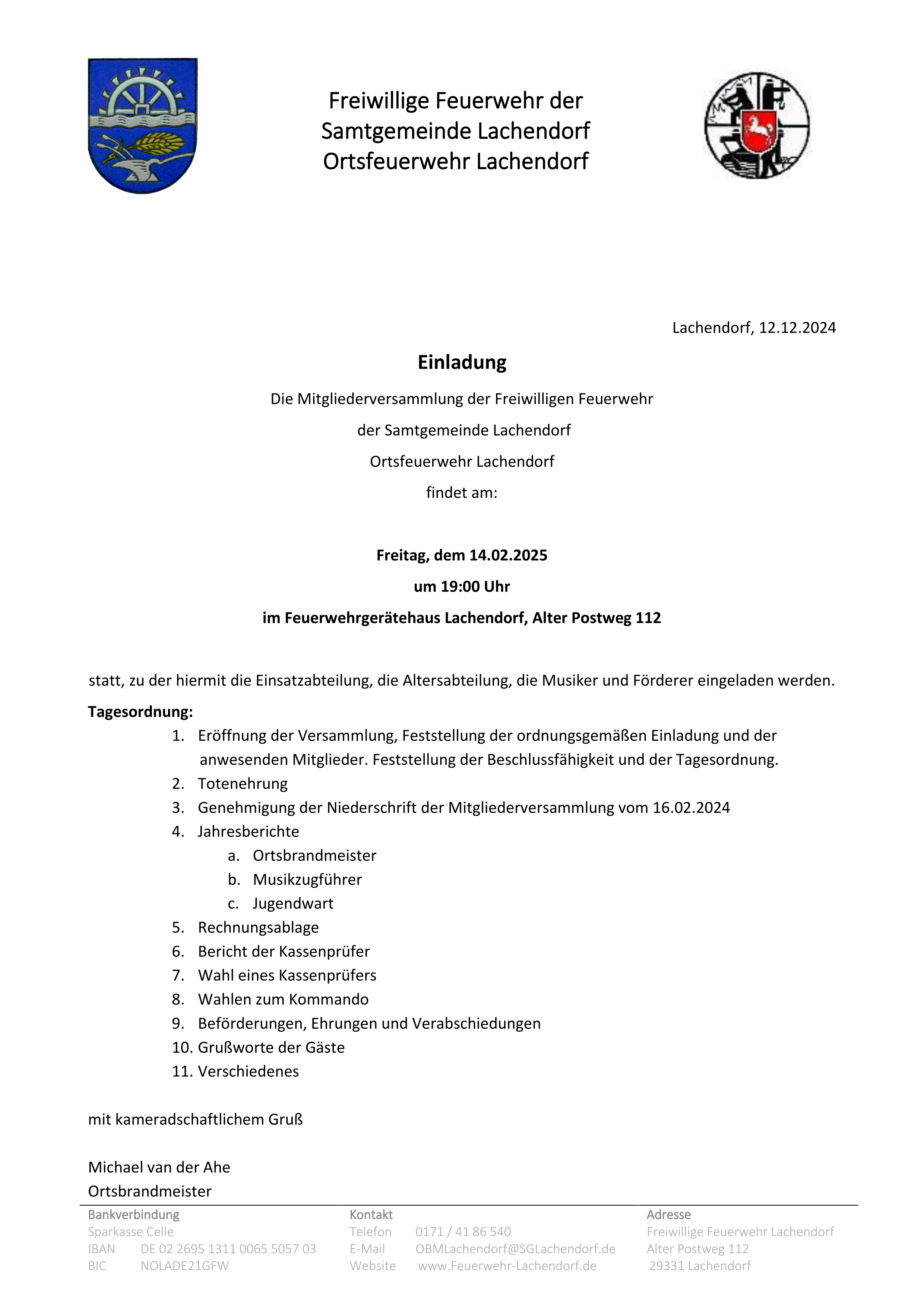 Einladung Mitgliederversammlung Ortsfeuerwehr Lachendorf 2025